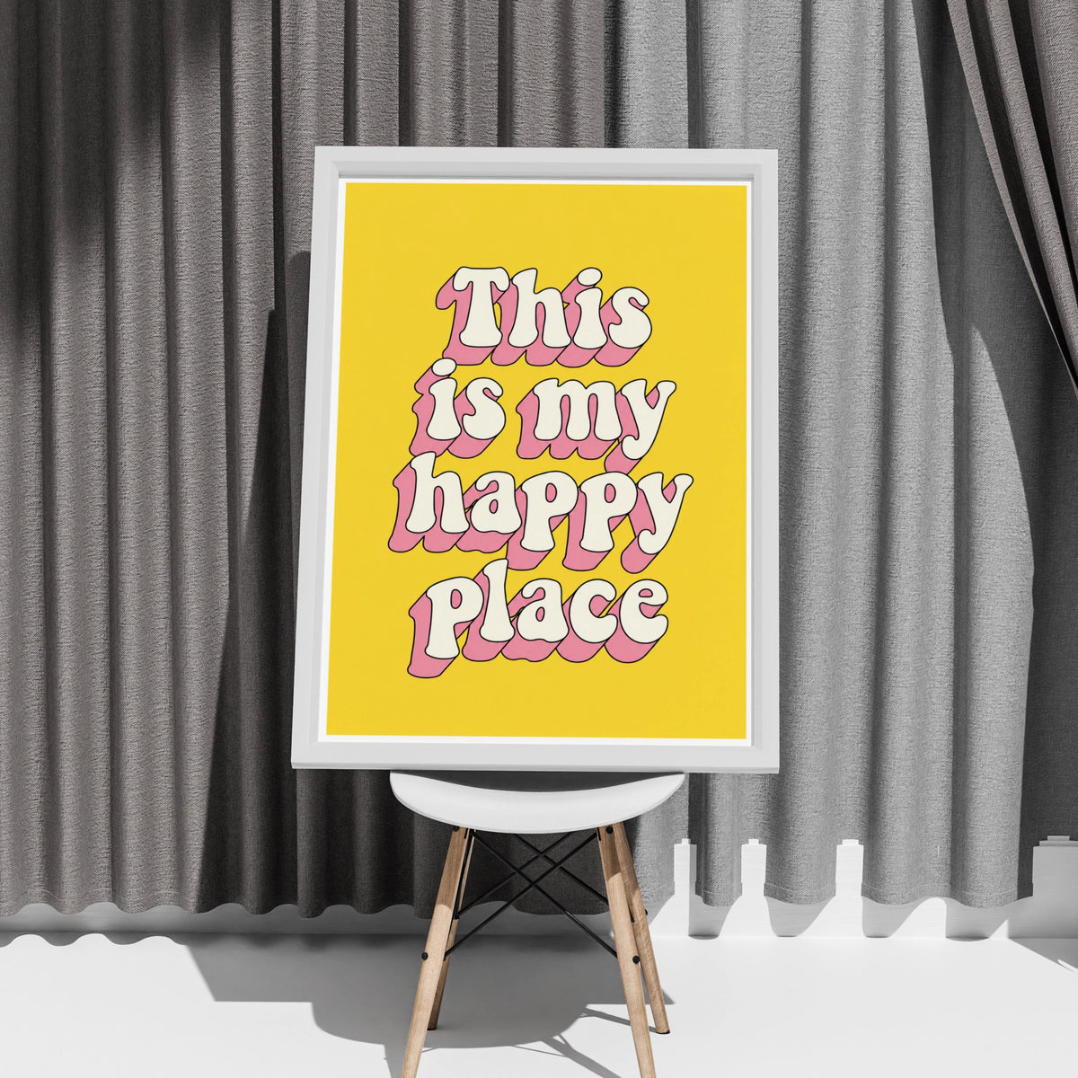 This Is My Happy Place Poster, Retro Typography Print, Yellow Pink Wall Art