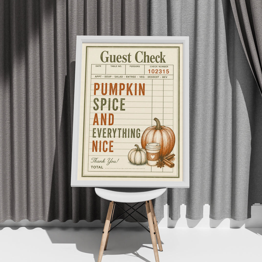 Pumpkin Spice Guest Check Poster, Autumn Kitchen Wall Art, Fall Retro Print