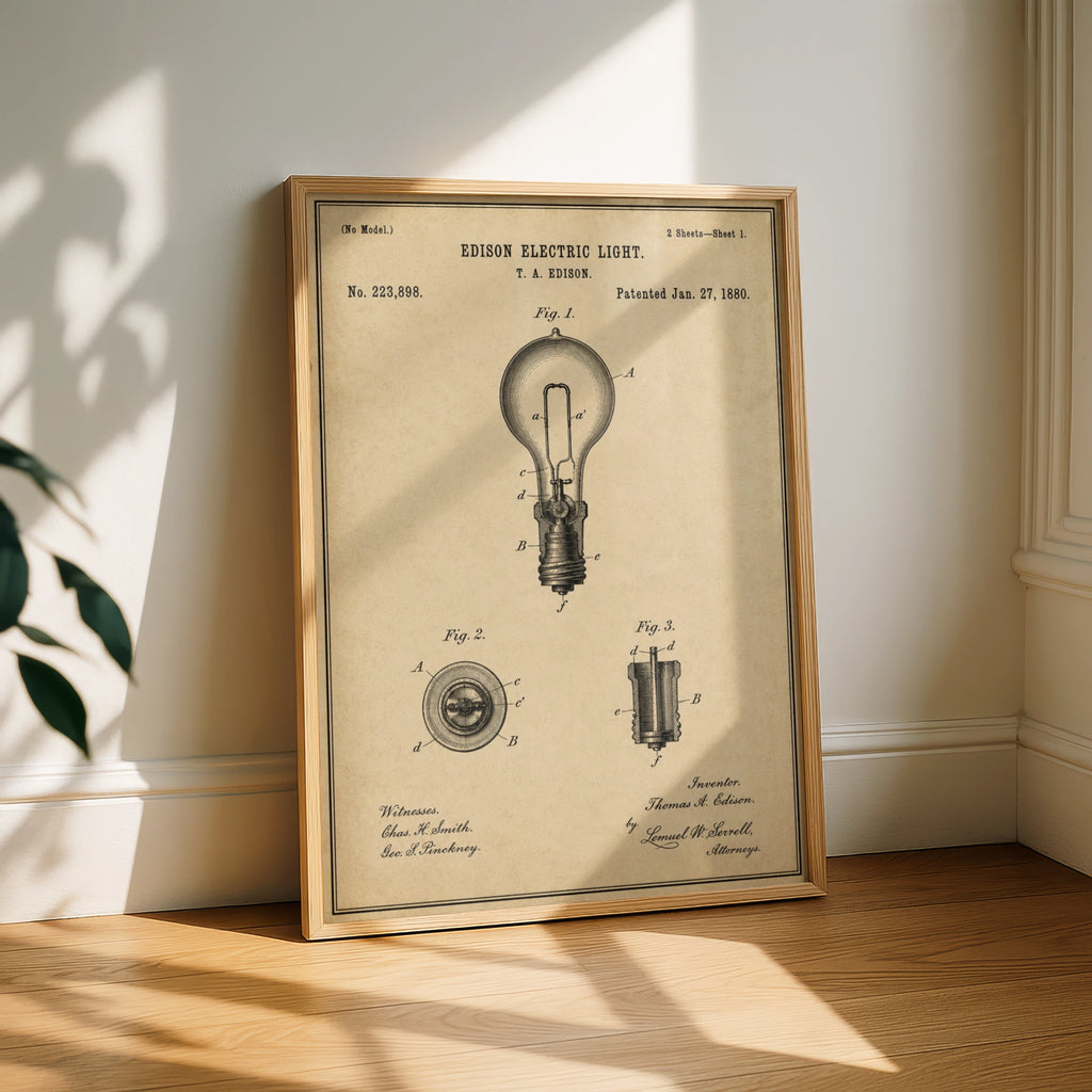 Edison Electric Light Bulb Patent Print, Vintage Invention Poster, Sepia Engineer Wall Art