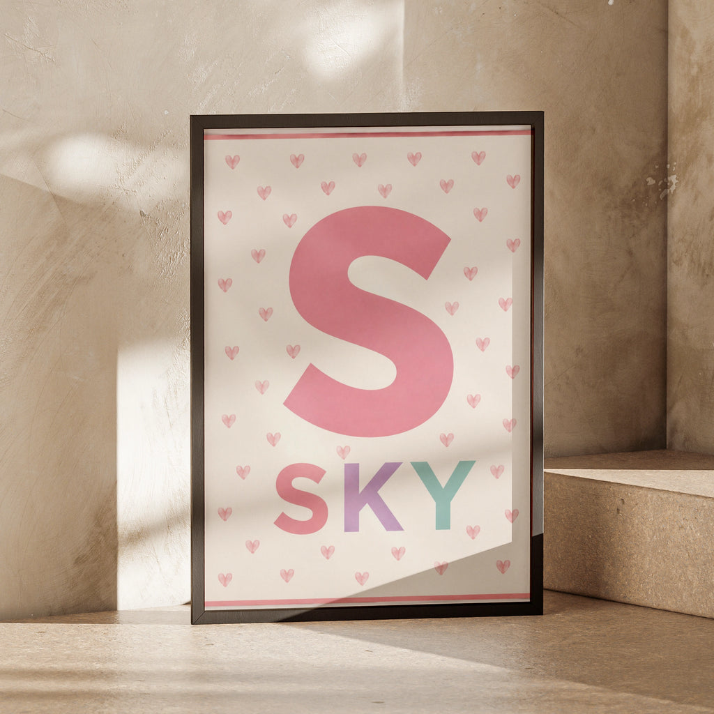 Personalized Name Print, Letter  Poster, Girls Nursery Wall Art, Pink Heart Personalised Baby Gift