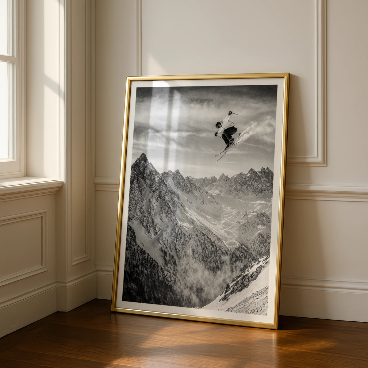 Skiing Jump Poster, Black White Mountain Wall Art, Skier Print, Snow Sports Decor