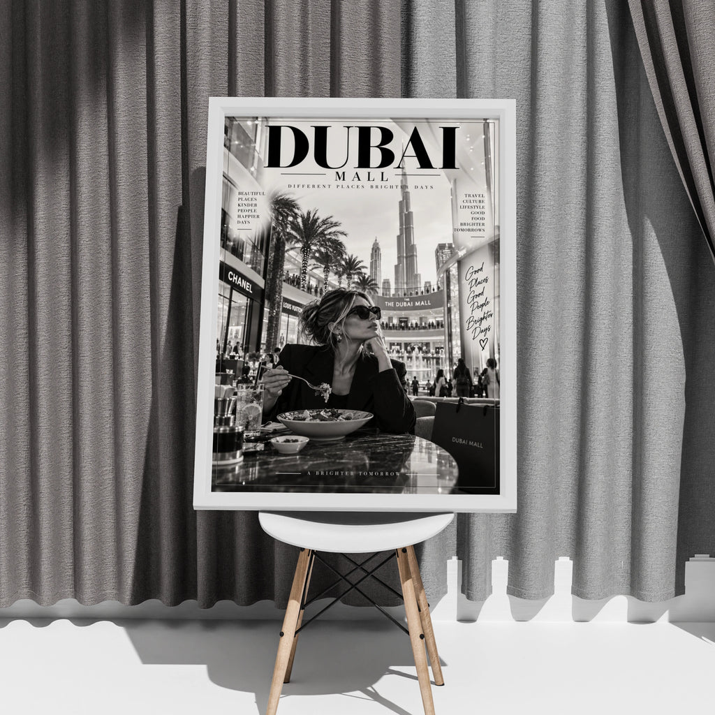 Dubai Mall Magazine Style Poster, Black White Travel Wall Art, Burj Khalifa Print