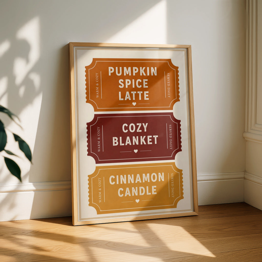 Pumpkin Spice Latte Autumn Ticket Poster, Cozy Fall Wall Art, Warm Burnt Orange Print