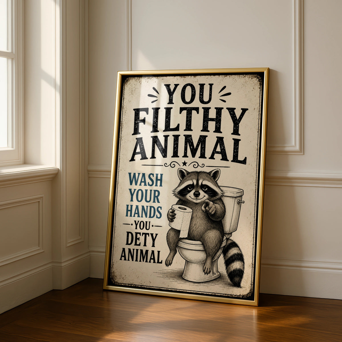 Funny Raccoon Bathroom Poster, Wash Your Hands Sign, Vintage Toilet Wall Art