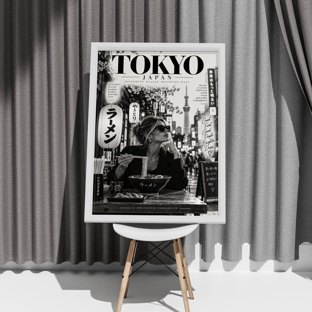 Tokyo Japan Travel Poster, Black White Ramen Print, Japanese Street Wall Art