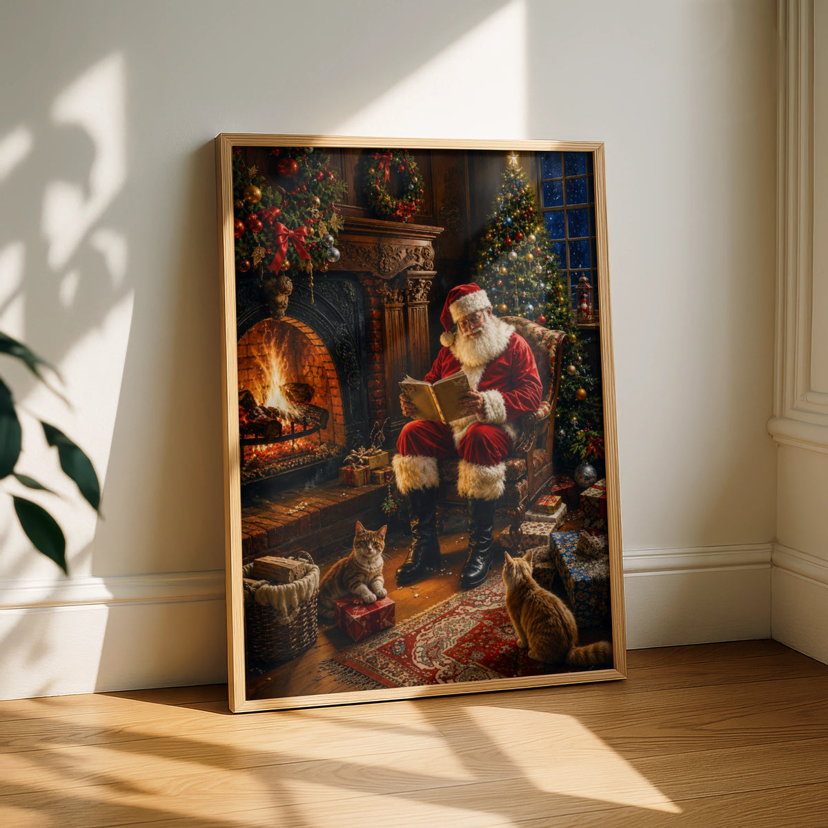 Santa Claus Fireplace Poster, Christmas Wall Art, Cosy Festive Print with Cats