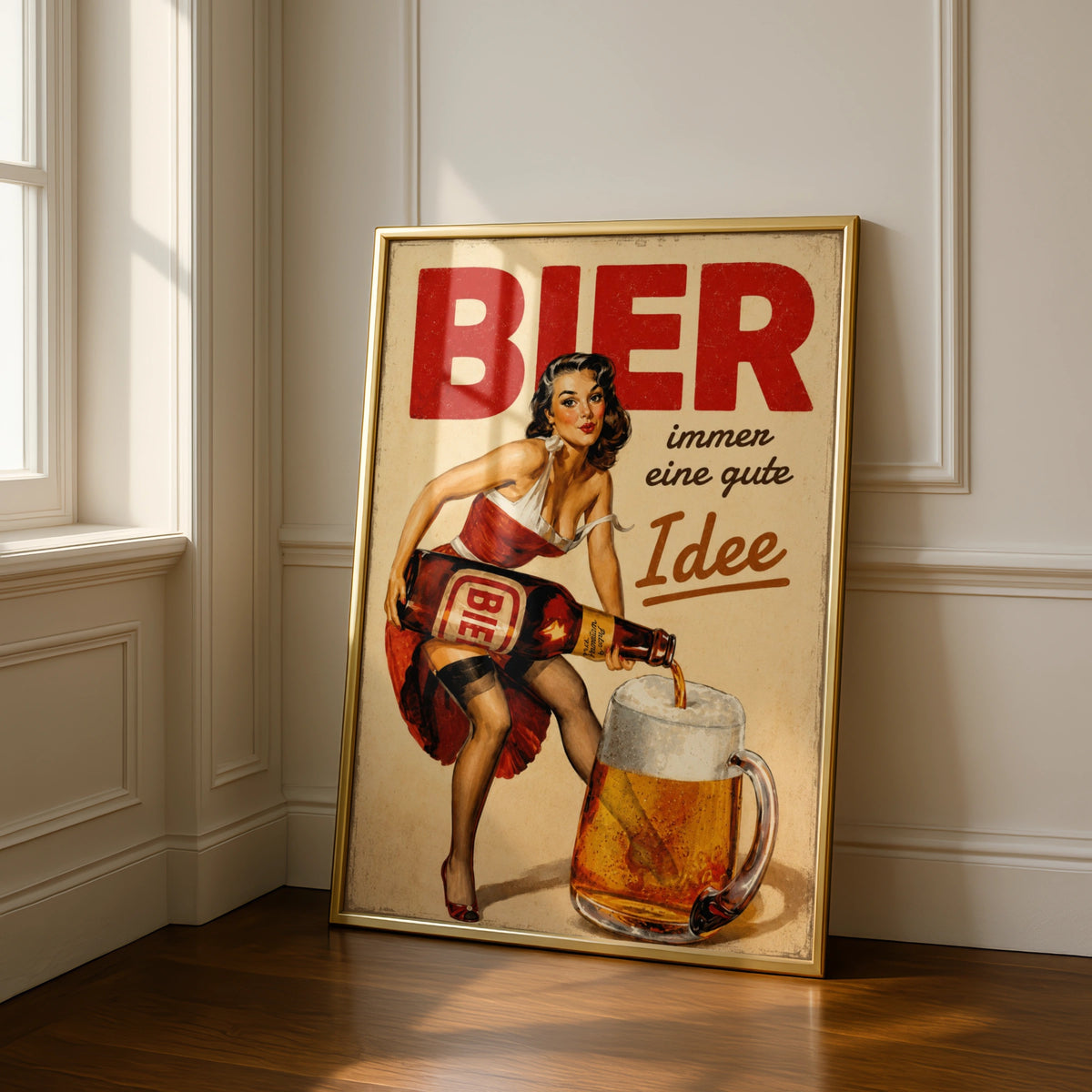 Retro Beer Pin Up Poster, Vintage German Bier Wall Art, Bar Pub Man Cave Decor