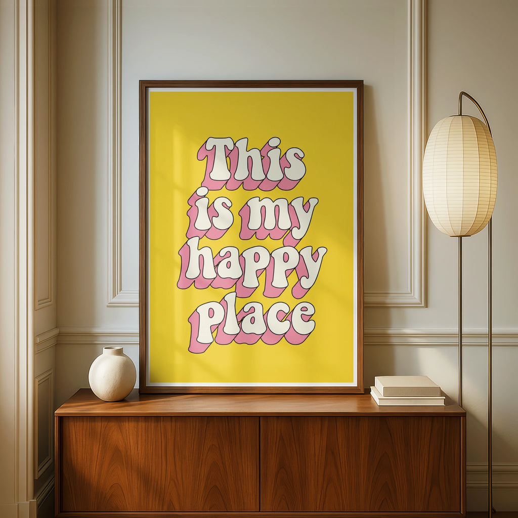 This Is My Happy Place Poster, Retro Typography Print, Yellow Pink Wall Art