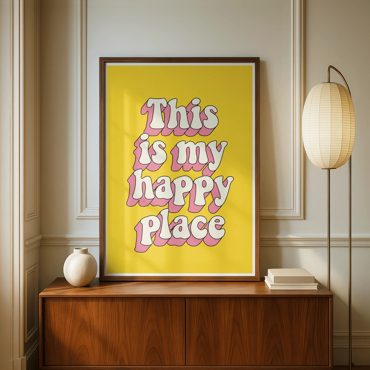 This Is My Happy Place Poster, Retro Typography Print, Yellow Pink Wall Art