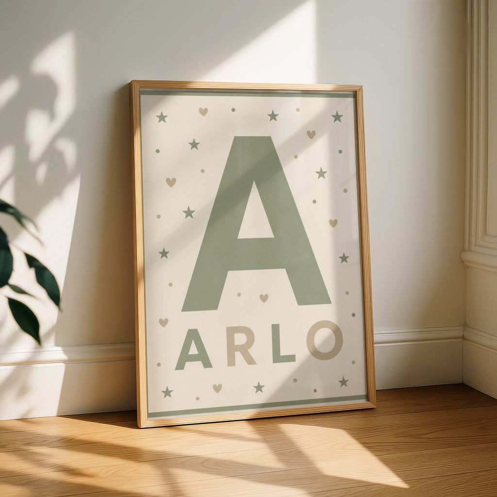 Personalized Name Print, Boys Nursery Wall Art, Initial Letter  Poster, Sage Green Kids Decor
