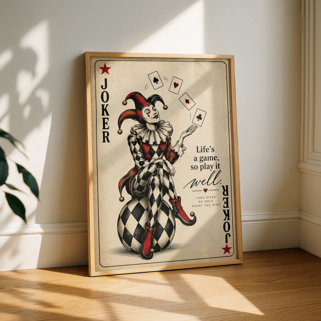 Joker Card Poster, Life's A Game Quote Print, Vintage Jester Wall Art, Red Black