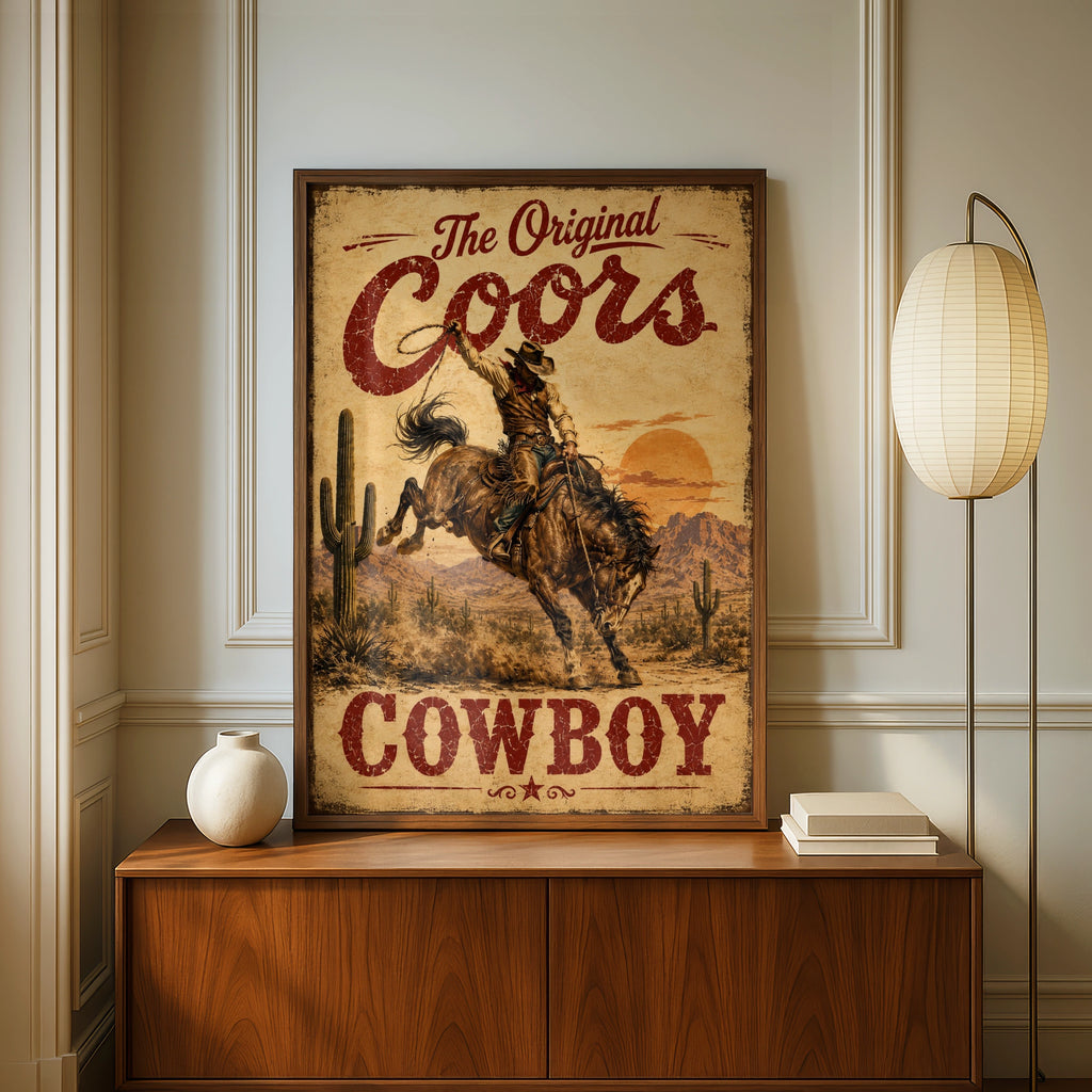 Coors Cowboy Vintage Western Poster, Rodeo Bull Riding Wall Art, Retro Beer Sign Print