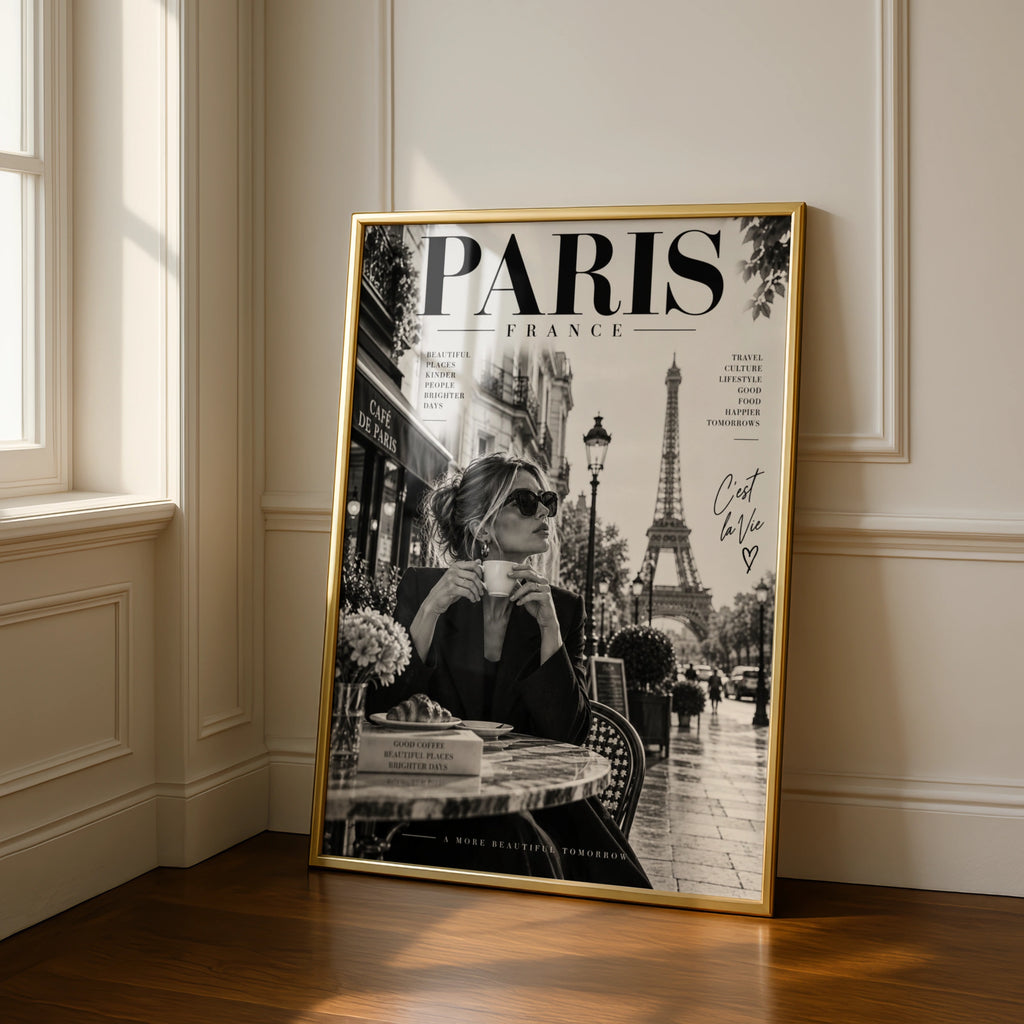 Paris France Magazine Style Poster, Eiffel Tower Wall Art, Black White Cafe Print