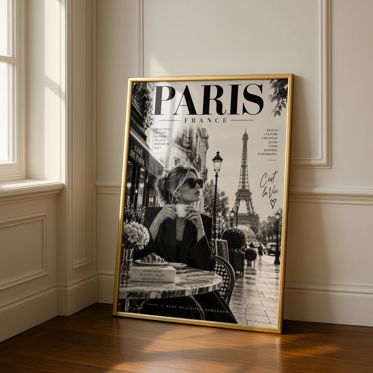 Paris France Magazine Style Poster, Eiffel Tower Wall Art, Black White Cafe Print