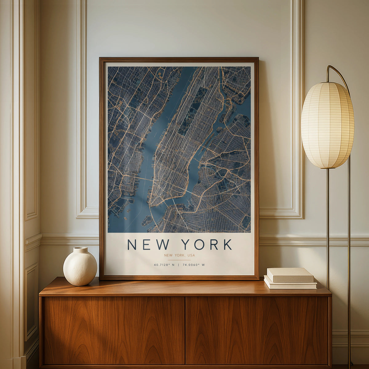 New York City Map Poster, Navy Blue Gold Manhattan Street Map, NYC Wall Art Print