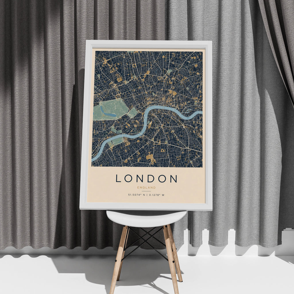 London City Map Poster, Navy Blue Gold Wall Art, River Thames Print, England Gift