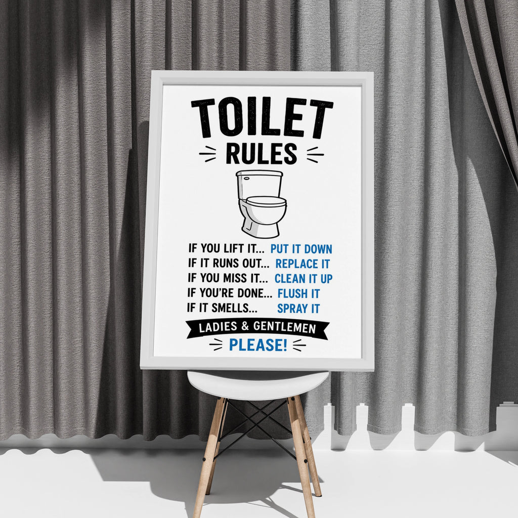 Toilet Rules Funny Bathroom Poster, Humorous Loo Wall Art, Black Blue Home Print