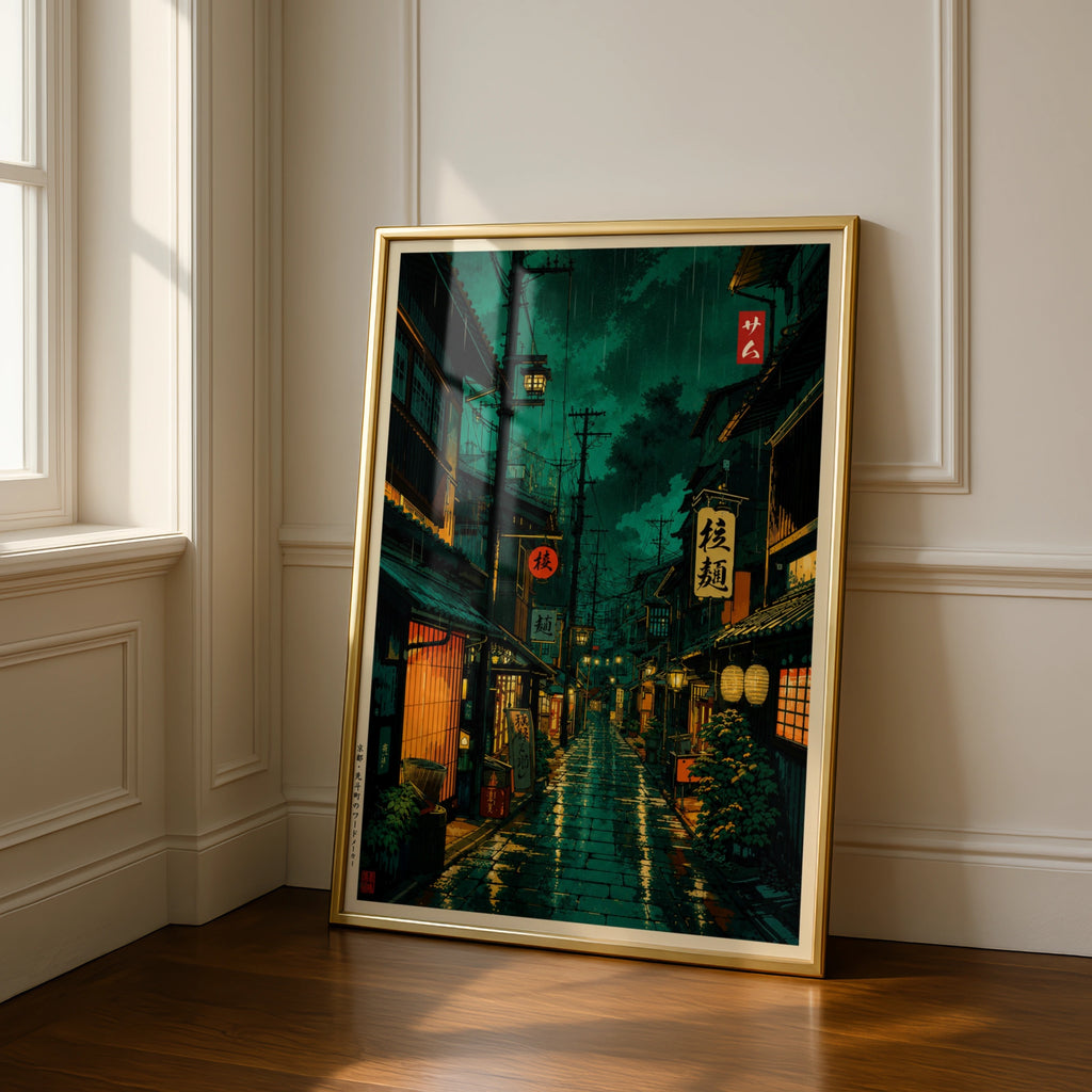 Japanese Street at Night Poster, Rainy Japan Alley Wall Art, Anime City Print