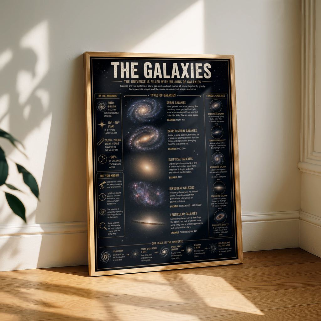 Galaxy Types Infographic Poster, Space Science Wall Art, Astronomy Print for Home