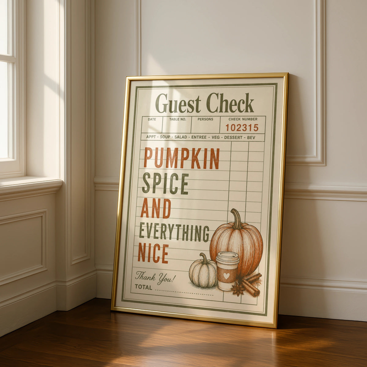 Pumpkin Spice Guest Check Poster, Autumn Kitchen Wall Art, Fall Retro Print