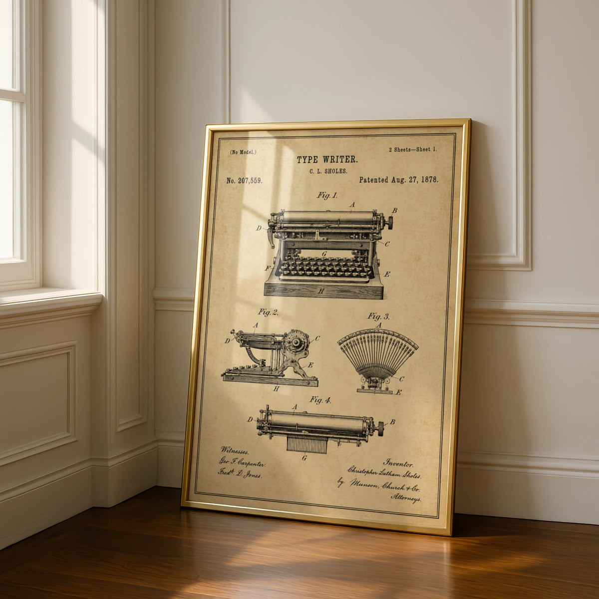 Typewriter Patent Print, Vintage 1878 C L Sholes Blueprint, Antique Writer Wall Art