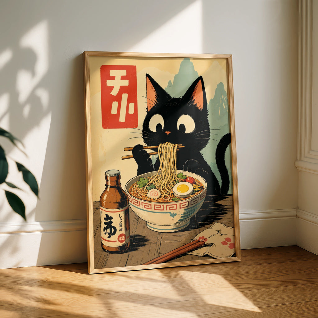 Black Cat Eating Ramen Poster, Japanese Style Wall Art, Cute Cat Noodle Print