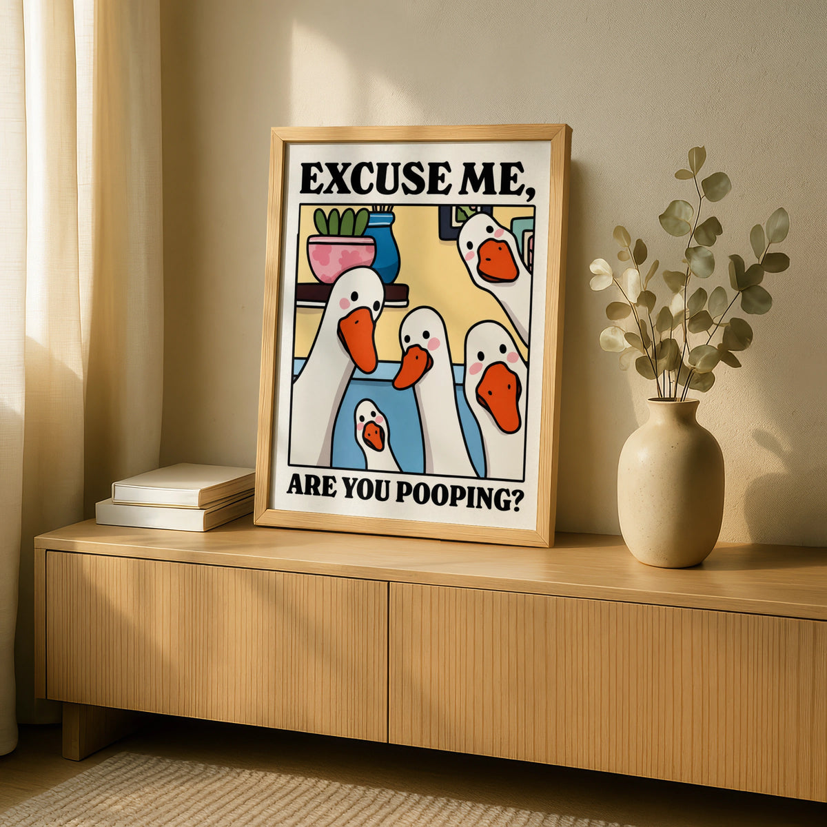 Excuse Me Are You Pooping Funny Duck Poster, Silly Goose Bathroom Wall Art Print