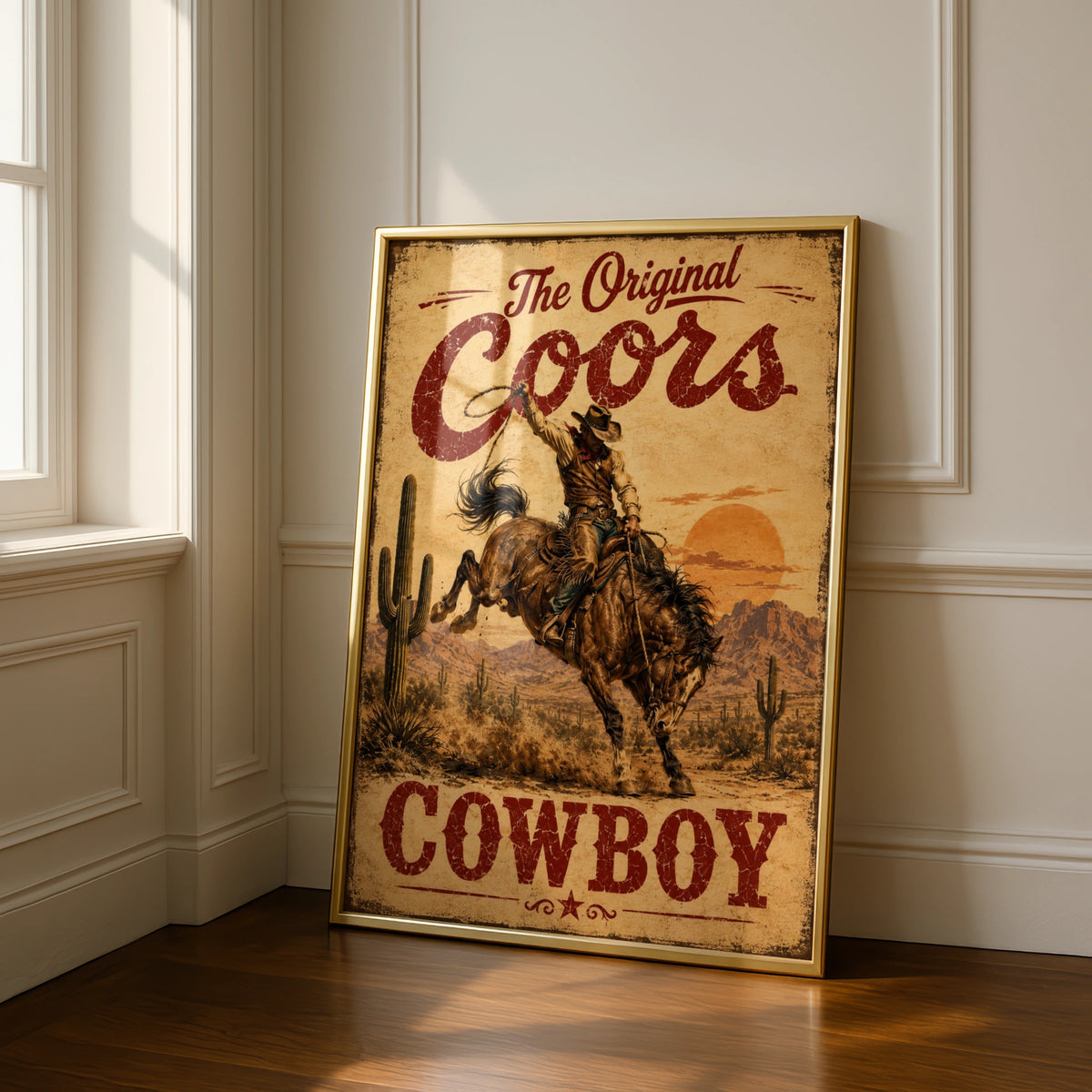 Coors Cowboy Vintage Western Poster, Rodeo Bull Riding Wall Art, Retro Beer Sign Print
