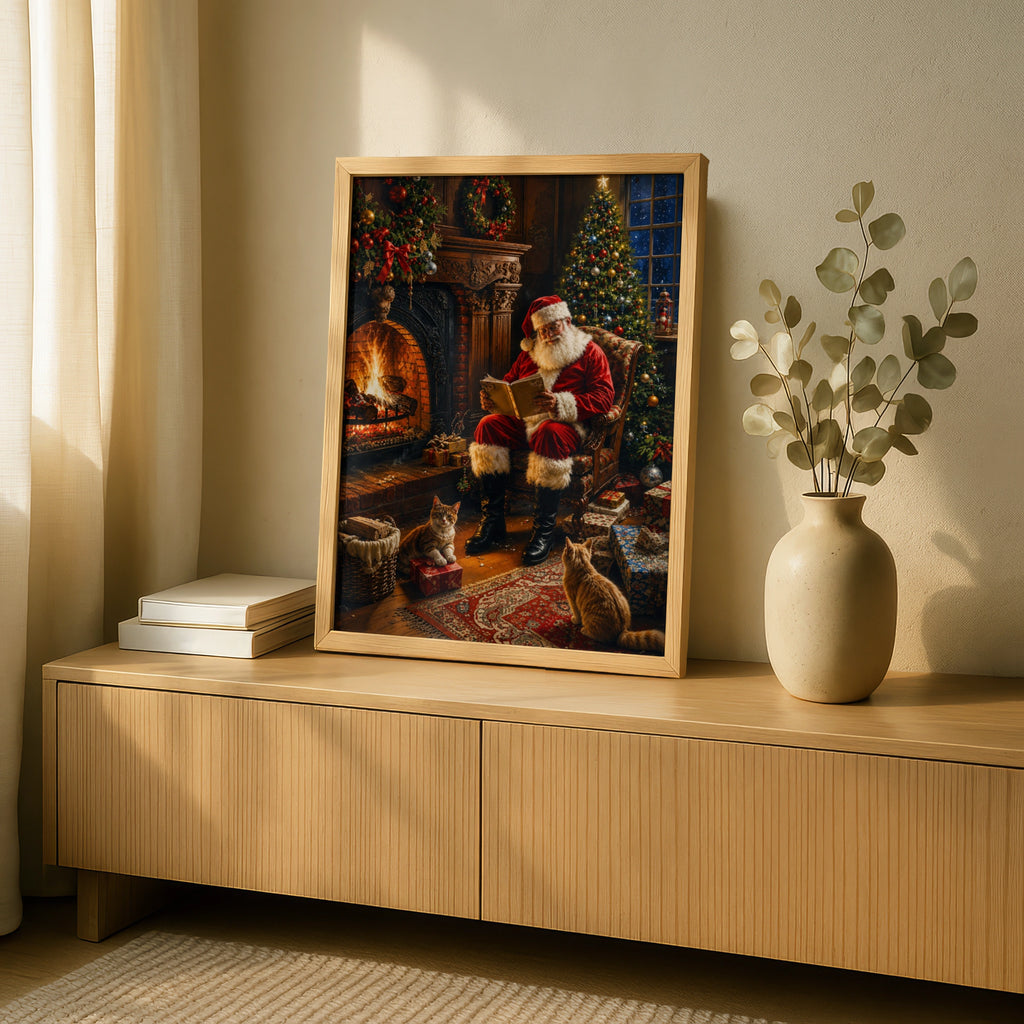 Santa Claus Fireplace Poster, Christmas Wall Art, Cosy Festive Print with Cats