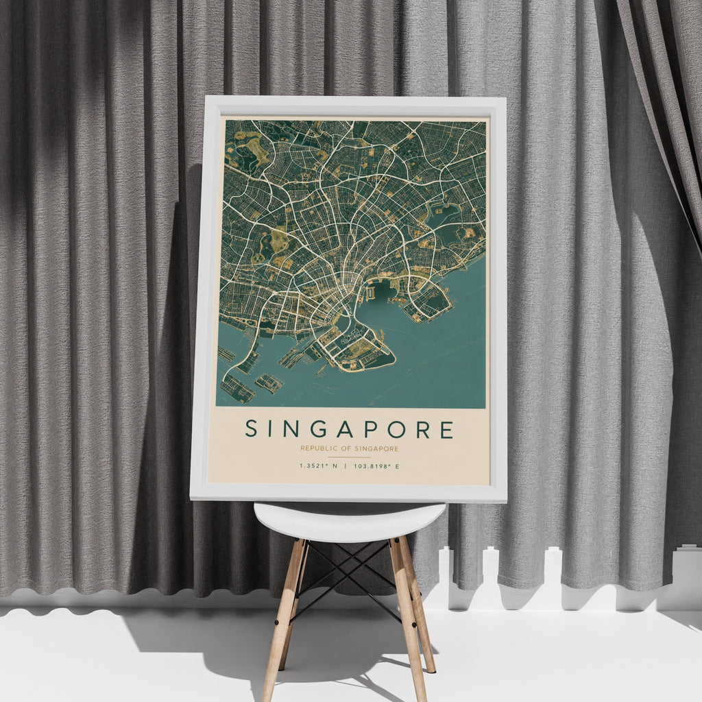 Singapore Map Poster, City Street Map Print, Teal Gold Wall Art, Southeast Asia Decor