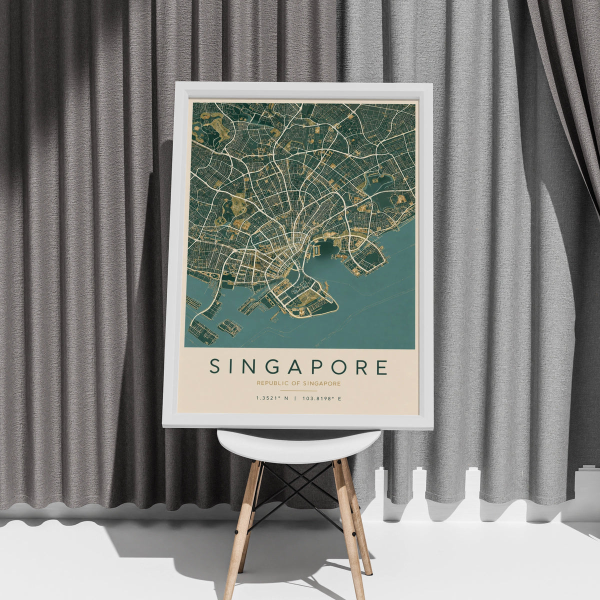 Singapore Map Poster, City Street Map Print, Teal Gold Wall Art, Southeast Asia Decor