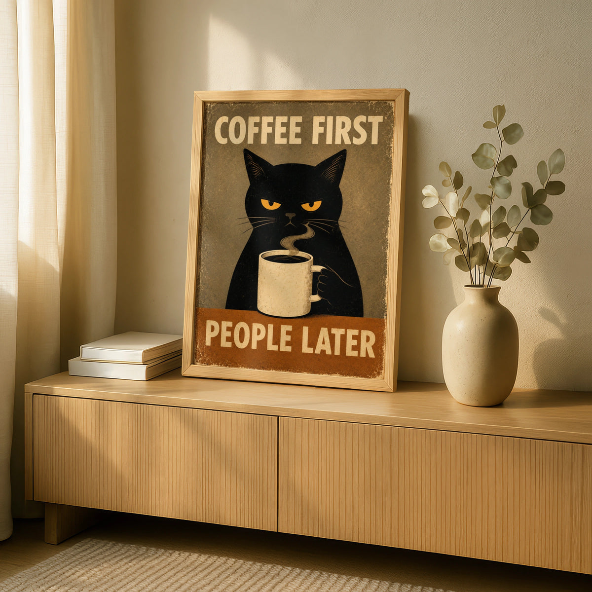 Coffee First People Later Poster, Grumpy Black Cat Retro Wall Art, Funny Kitchen Print
