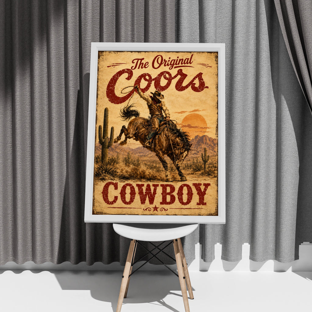 Coors Cowboy Vintage Western Poster, Rodeo Bull Riding Wall Art, Retro Beer Sign Print