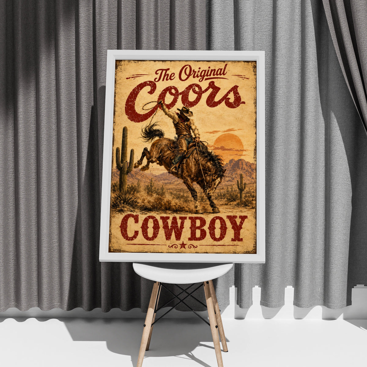 Coors Cowboy Vintage Western Poster, Rodeo Bull Riding Wall Art, Retro Beer Sign Print