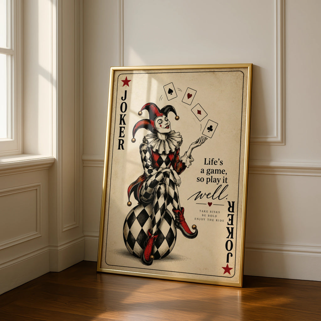 Joker Card Poster, Life's A Game Quote Print, Vintage Jester Wall Art, Red Black
