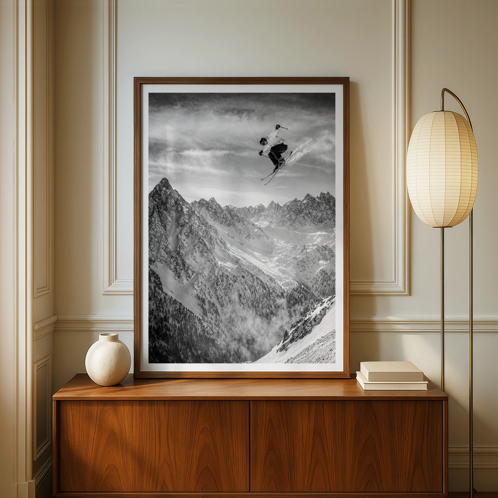 Skiing Jump Poster, Black White Mountain Wall Art, Skier Print, Snow Sports Decor