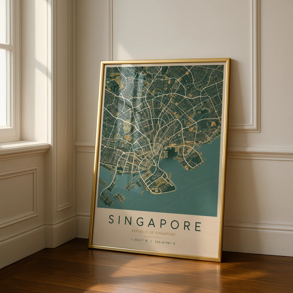 Singapore Map Poster, City Street Map Print, Teal Gold Wall Art, Southeast Asia Decor