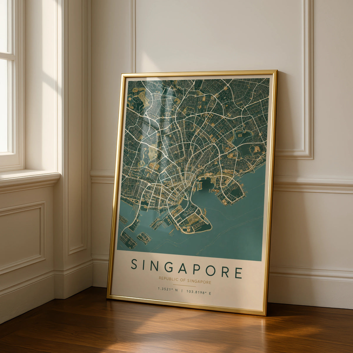 Singapore Map Poster, City Street Map Print, Teal Gold Wall Art, Southeast Asia Decor