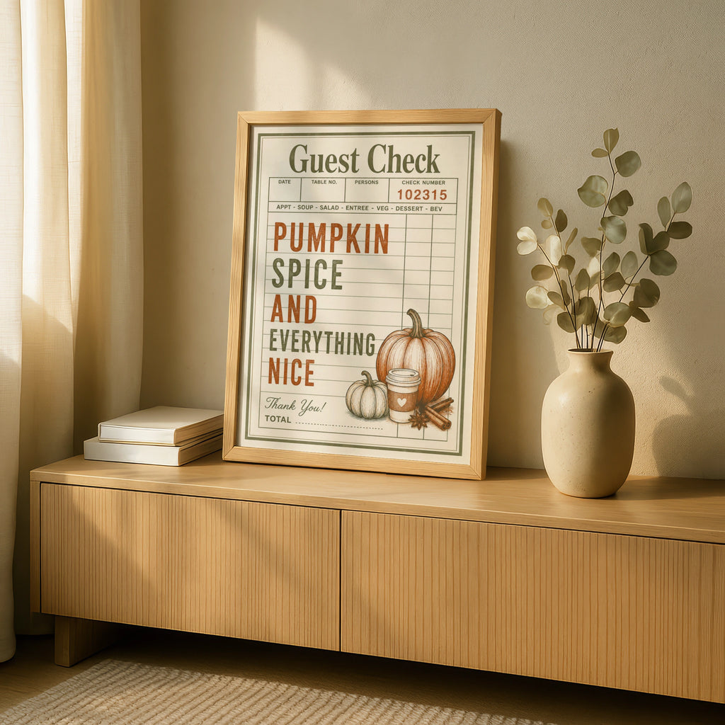 Pumpkin Spice Guest Check Poster, Autumn Kitchen Wall Art, Fall Retro Print