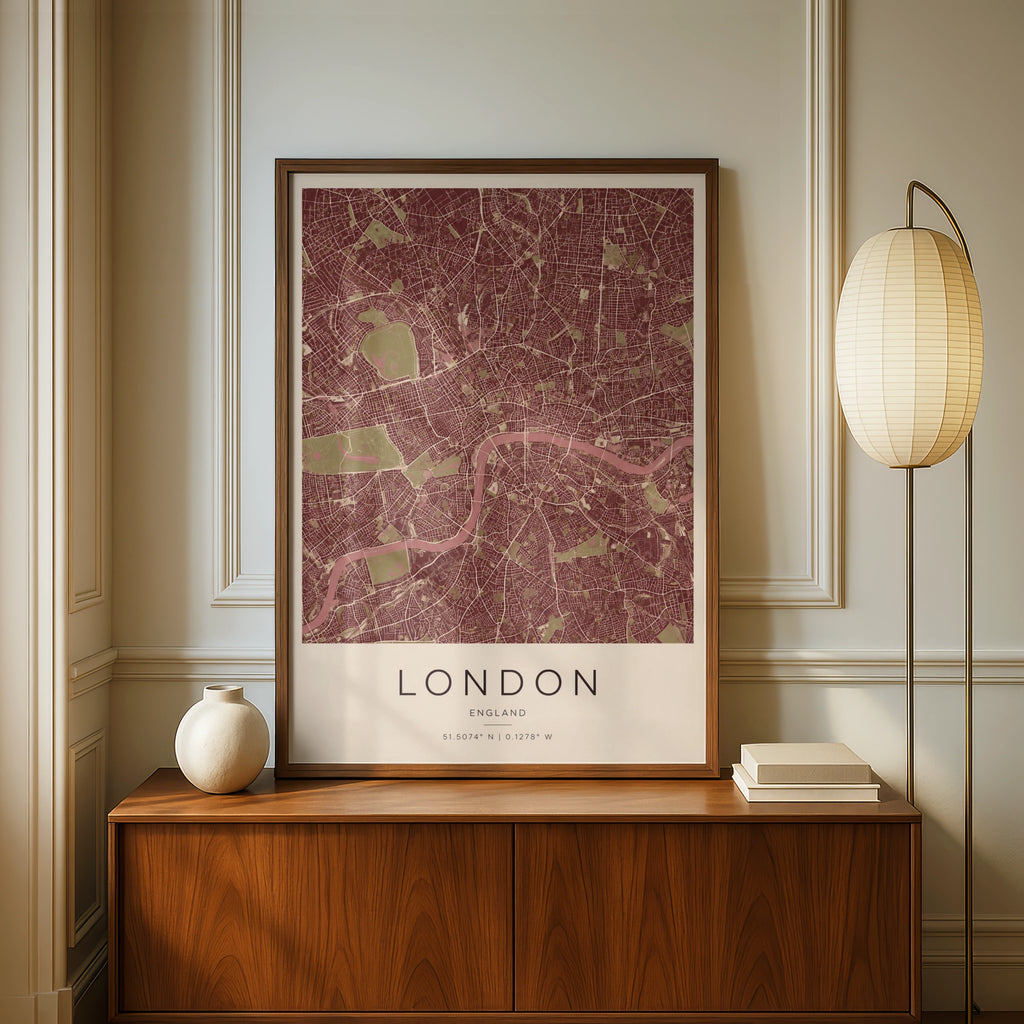 London City Map Poster, England Street Map Print, Burgundy Red Wall Art Gift