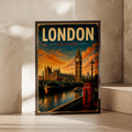 London England Vintage Travel Poster, Big Ben Red Phone Box Wall Art Print