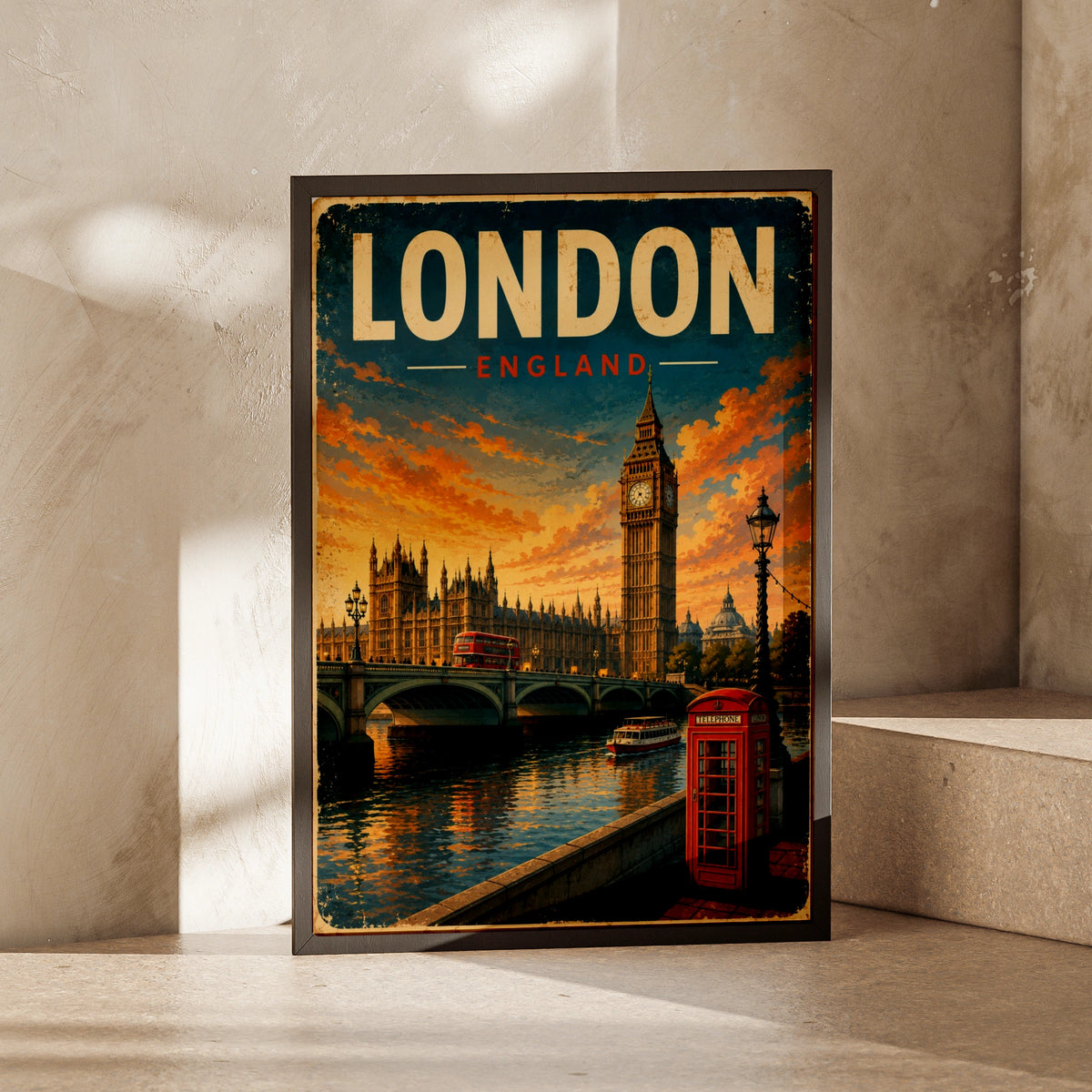 London England Vintage Travel Poster, Big Ben Red Phone Box Wall Art Print