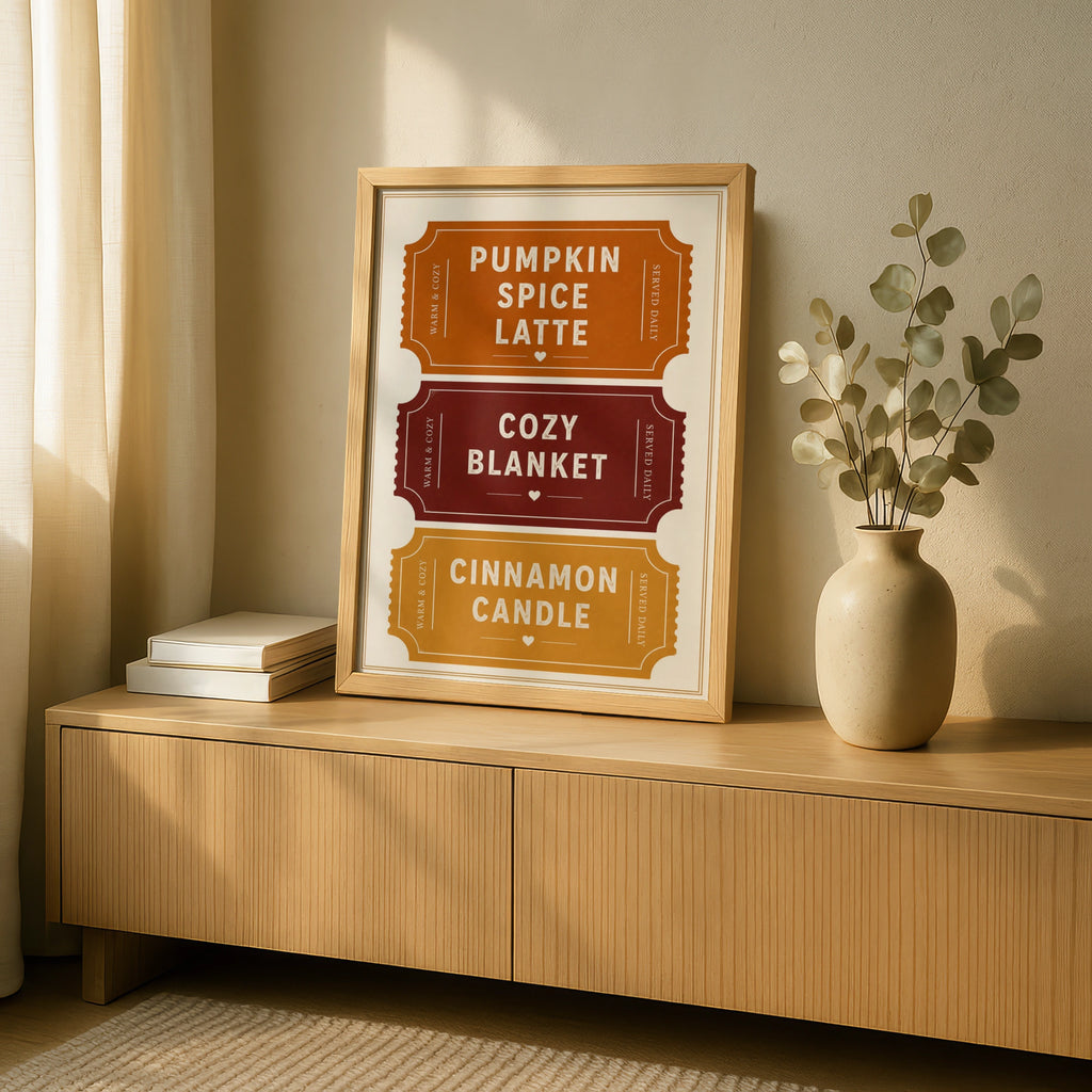 Pumpkin Spice Latte Autumn Ticket Poster, Cozy Fall Wall Art, Warm Burnt Orange Print
