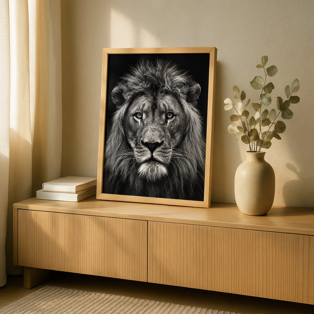 Black and White Lion Portrait Poster, Bold Wildlife Wall Art, Monochrome Big Cat Print
