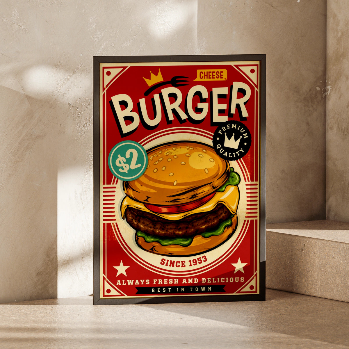 Retro Burger Poster, Vintage Fast Food Wall Art, Diner Kitchen Decor, Red Cheeseburger Print