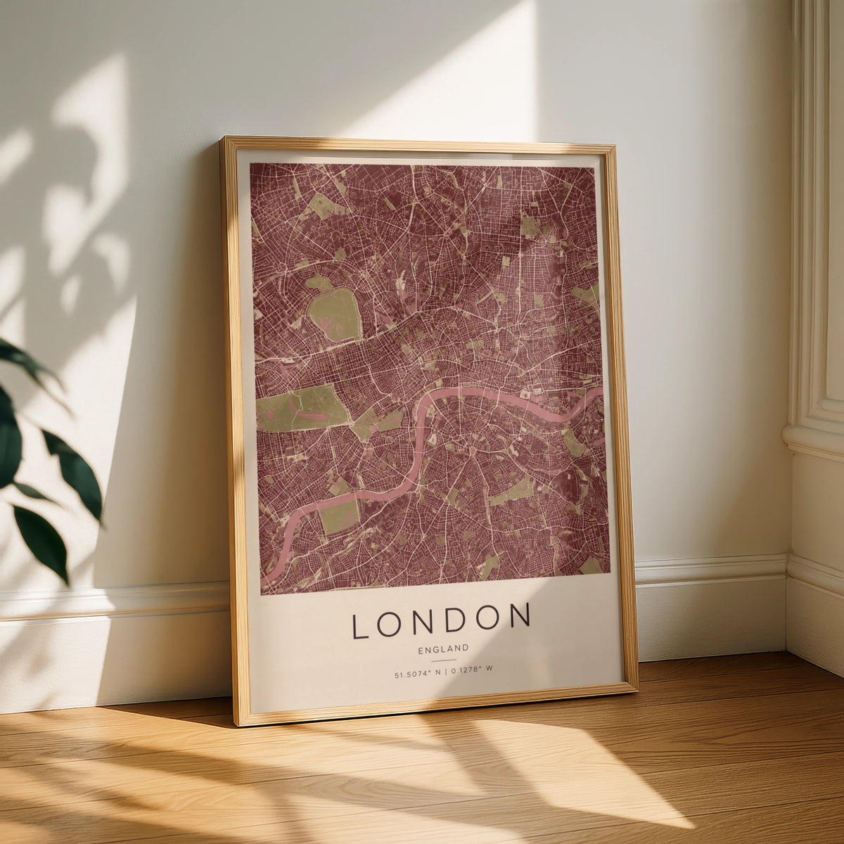 London City Map Poster, England Street Map Print, Burgundy Red Wall Art Gift