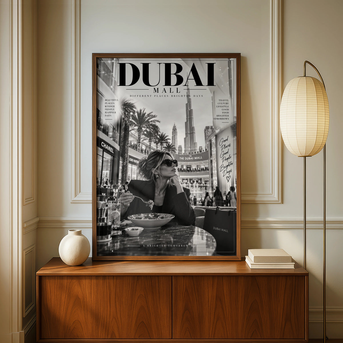 Dubai Mall Magazine Style Poster, Black White Travel Wall Art, Burj Khalifa Print