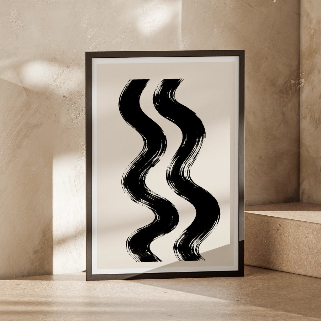 Abstract Swirl Poster, Black Cream Brushstroke Wall Art, Minimalist Wavy Lines Print