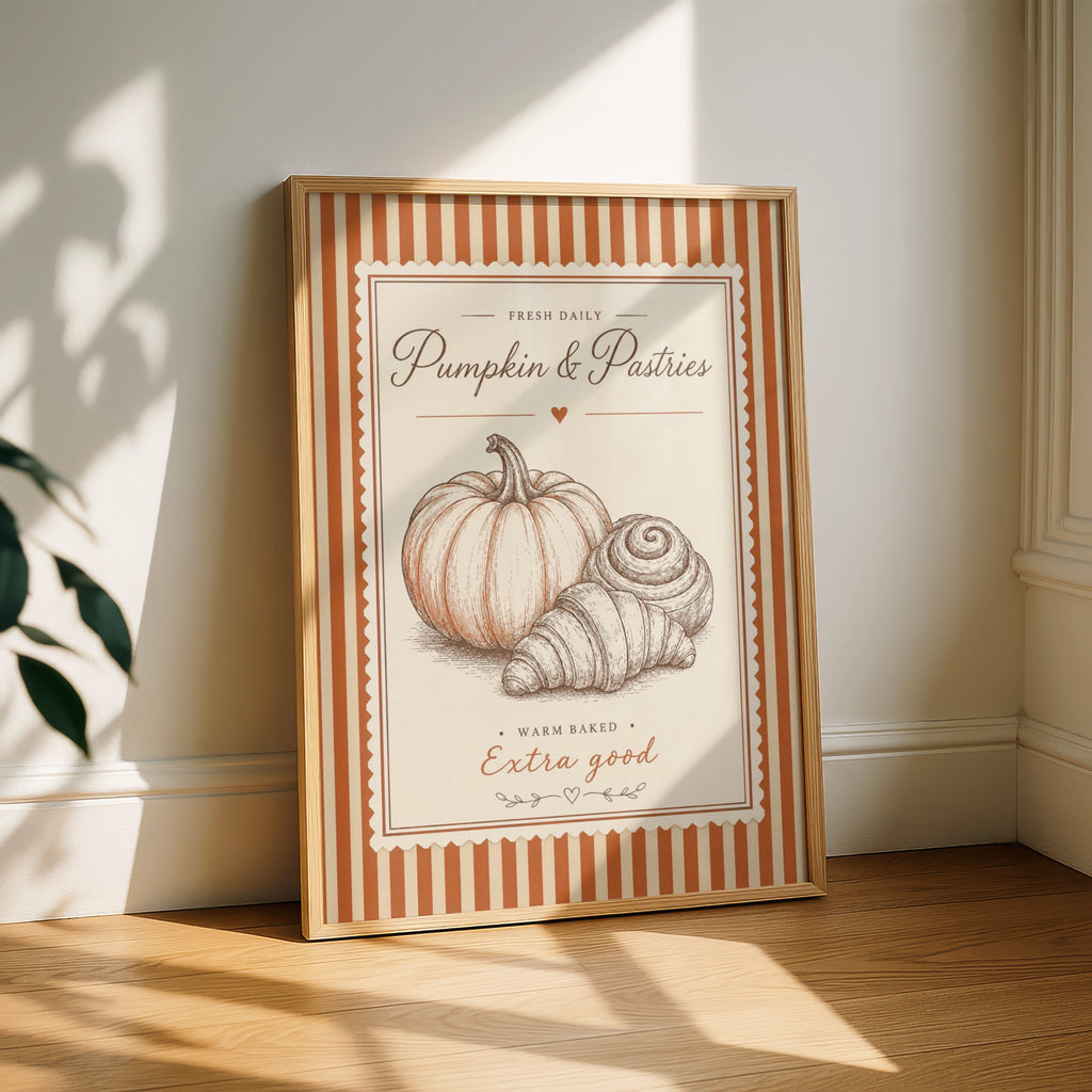 Pumpkin Pastries Vintage Bakery Poster, Autumn Kitchen Wall Art, Retro Food Print