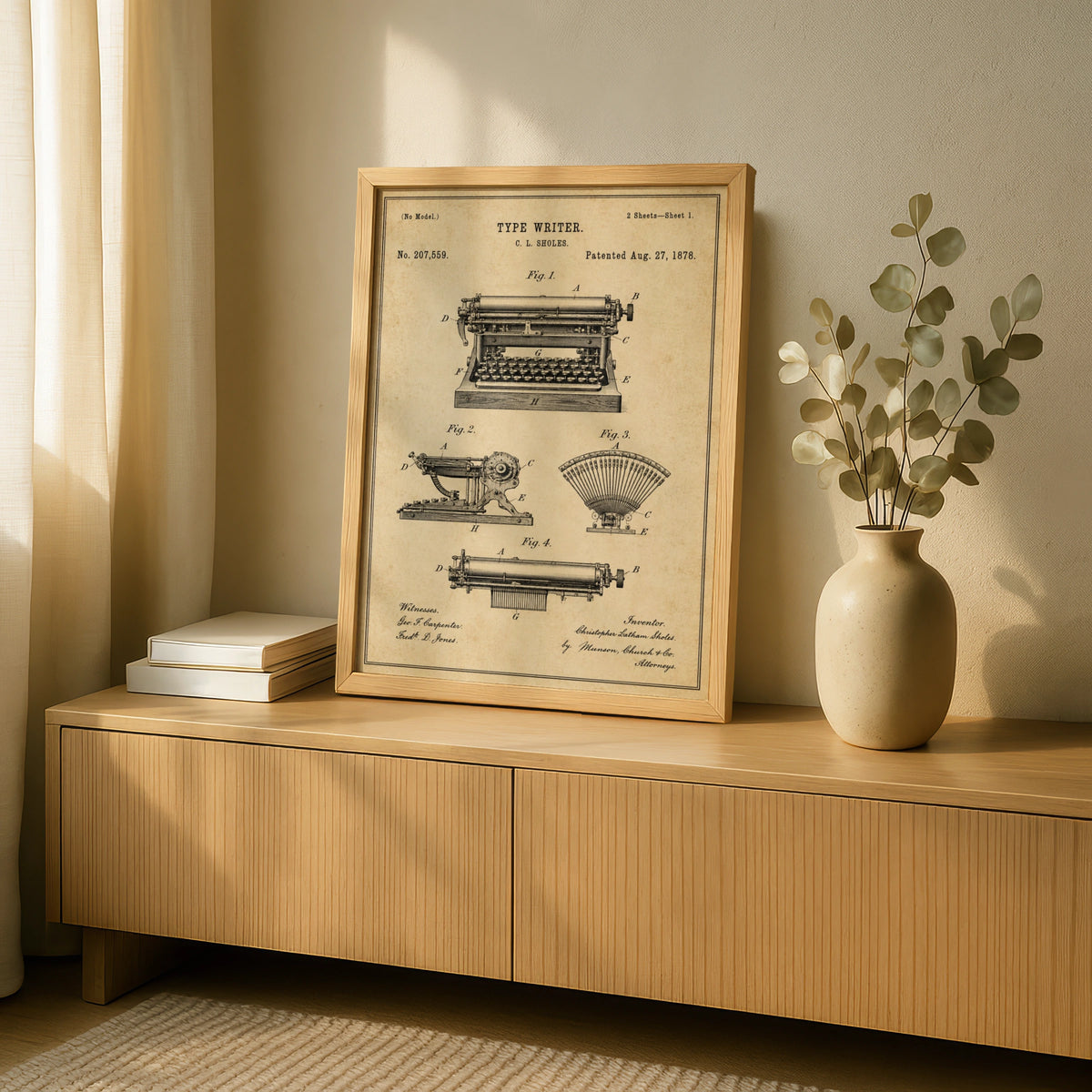 Typewriter Patent Print, Vintage 1878 C L Sholes Blueprint, Antique Writer Wall Art